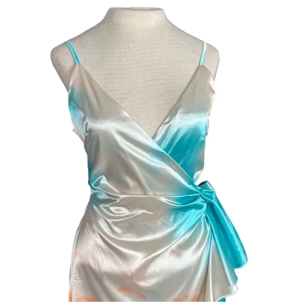 Onëleven NWT Water Color Wrap Mini Dress in Cream/Turquoise/Orange Size Small
